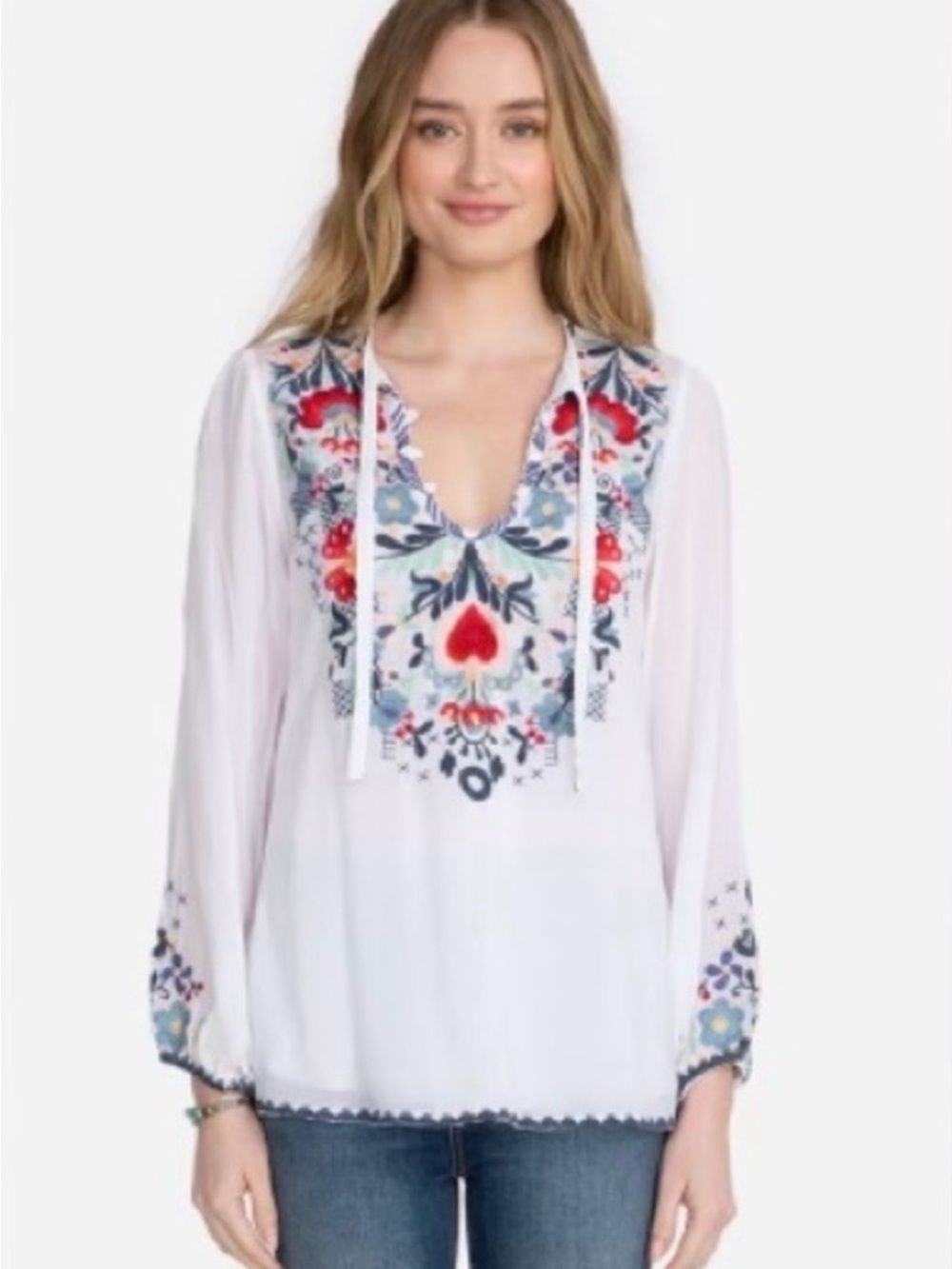 NWT Johnny Was “Bisma” White Embroidered V-Neck Peasant Blouse - $225 retail!